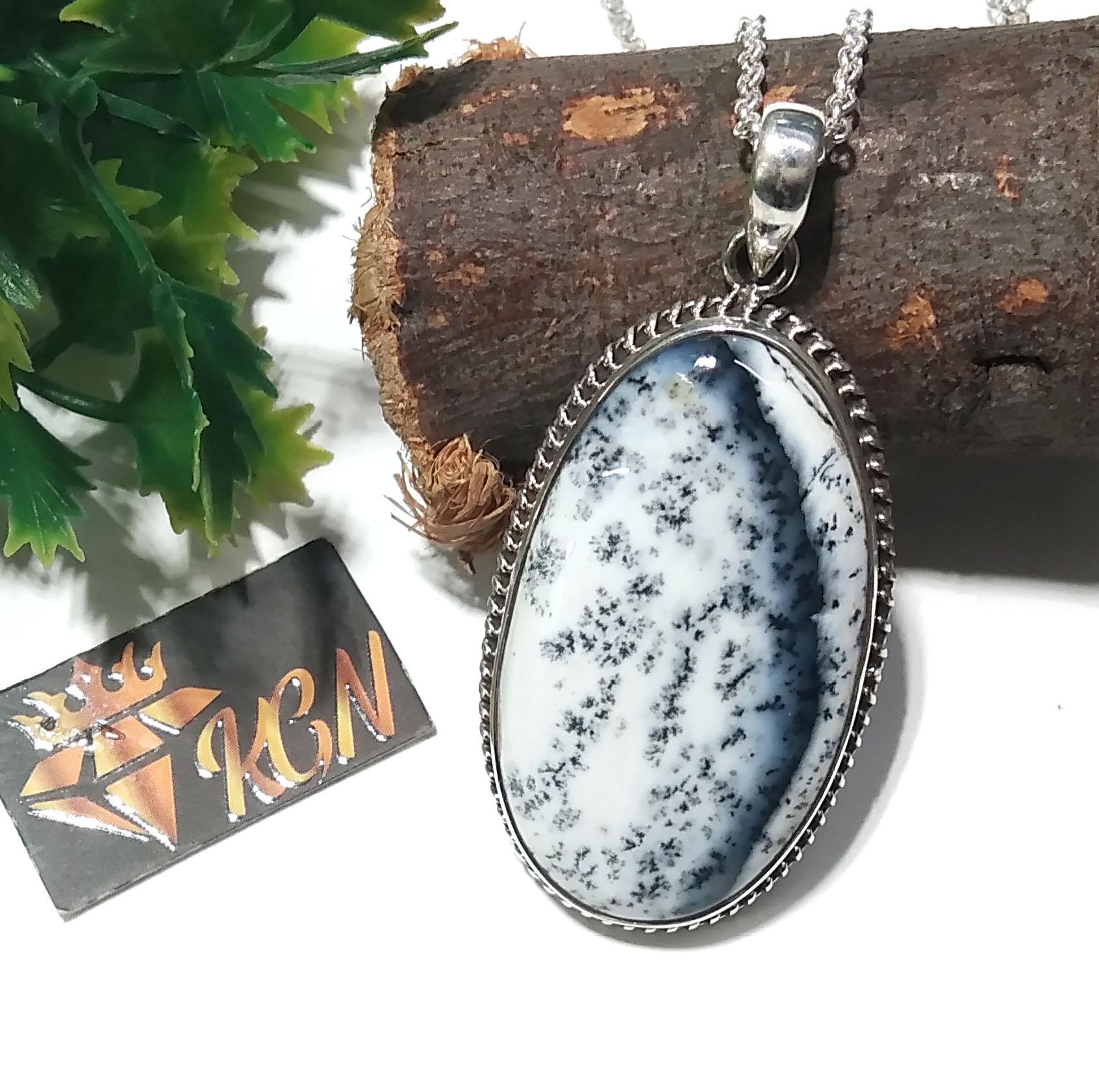 Amazing Design Dendrite Opal Gemstone Pendant Chain Necklace, Natural Dendrite Stone With 925 Sterling Silver Pendant, Gift Wedding Jewelry